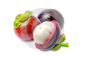 Tropical fruits. Mangosteens Queen of fruits, mangosteen and another cut in half isolated on white with clipping path