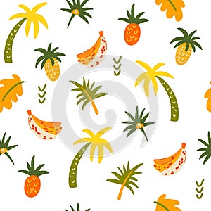 Tropical fruits and palms seamless pattern. Palm, leaves, bananas, pineapples. Summer fun hand drawn background. Great for