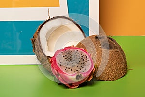 Tropical fruits - pitaia and coconut photo