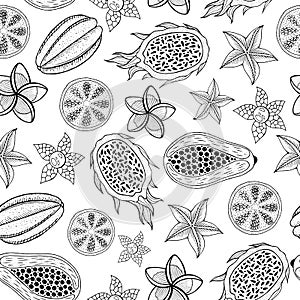 Tropical fruits seamless pattern - coloring page for adults. Graphic sketch art. Vector illustration