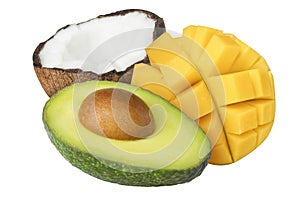 Tropical fruits slices coconut, mango and avocado on isolated white background.