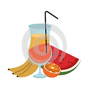 Tropical fruits and sunrise cocktail icon, colorful design