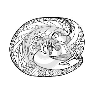 tropical funny chameleon made up of patterns and lines, coloring book for adults and children, black and white vector