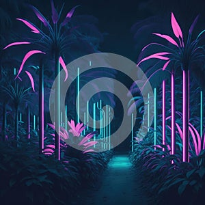 Tropical Futuristic Sci-Fi Garden, Party Club dance Mood, Retro Feeling With Neon Tube Lights Trough Palm Tees, Beach, Generative