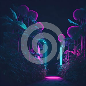 Tropical Futuristic Sci-Fi Garden, Party Club dance Mood, Retro Feeling With Neon Tube Lights Trough Palm Tees, Beach, Generative