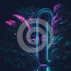 Tropical Futuristic Sci-Fi Garden, Party Club dance Mood, Retro Feeling With Neon Tube Lights Trough Palm Tees, Beach, Generative