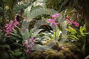 tropical garden with hummingbird, orchid, and dragonfly