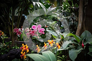 tropical garden with hummingbird, orchid, and dragonfly