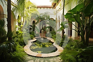 tropical garden with palm trees and koi pond in the courtyard of mediterranean house exterior