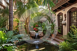 tropical garden with palm trees and koi pond in the courtyard of mediterranean house exterior