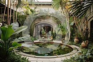 tropical garden with palm trees and koi pond in the courtyard of mediterranean house exterior