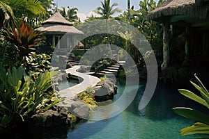 Tropical garden with swimming pool and palm trees in Bali, Indonesia, Exotic oasis in bali, a tropical swimming pool, nestled