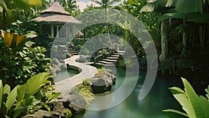 Tropical garden with swimming pool and palm trees in Bali, Indonesia, Exotic oasis in bali, a tropical swimming pool, nestled