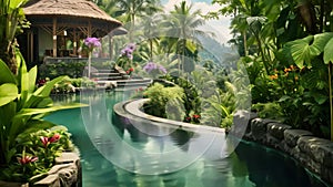 Tropical garden with swimming pool and palm trees, Bali island, Indonesia, Exotic oasis in bali, a tropical swimming pool, nestled