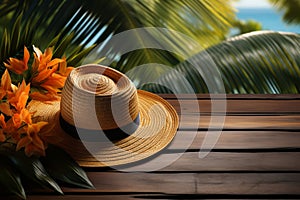 Tropical getaway concept, large hat on a wooden tabletop