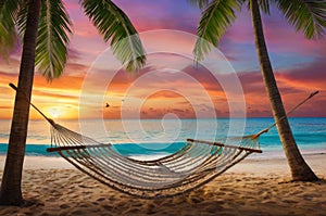 Tropical Getaway. Hammock Hanging Between Palm Trees on Secluded Beach at Sunset