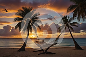 Tropical Getaway. Hammock Hanging Between Palm Trees on Secluded Beach at Sunset