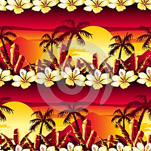 Tropical golden sunset with hibiscus flowers seamless pattern
