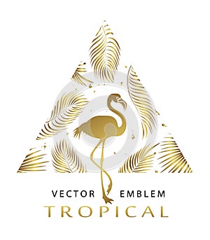 Tropical golden  triangular emblem. Exotic logo with flamingos and palm leaves.