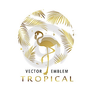 Tropical golden triangular emblem. Exotic logo with flamingos and palm leaves.