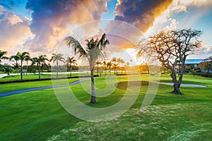 Tropical golf course at sunset in Dominican Republic, Punta Cana