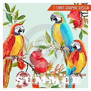 Tropical Graphic Design. Parrot Birds, Pomegranates and Tropical photo