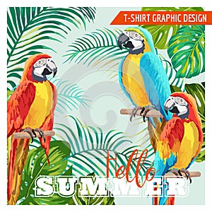 Tropical Graphic Design. Parrot Birds and Tropical Flowers