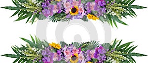 Tropical green foliage plant leaves with colorful flowers floral arrangement nature frame banner isolated on white background,