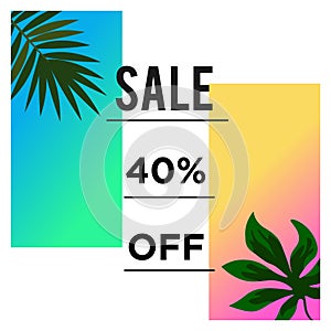Tropical green leaves. 40% summer sale banner template design. Big sale special offer. 40% summer special offer banner for poster