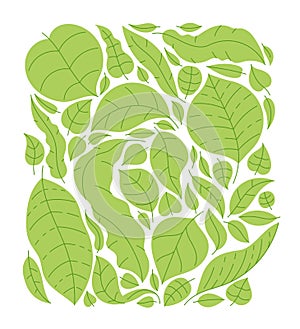 Tropical green leaves pattern. Background doodle. Editable outline stroke. Vector illustration.