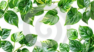 Tropical Green Leaves Pattern on White Background with Lush Foliage of Golden Pothos, Epipremnum Aureum - Tropic Plant Abstract