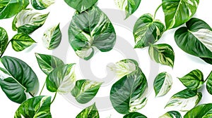 Tropical Green Leaves Pattern on White Background with Lush Foliage of Golden Pothos, Epipremnum Aureum - Tropic Plant Abstract