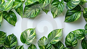 Tropical Green Leaves Pattern on White Background with Lush Foliage of Golden Pothos, Epipremnum Aureum - Tropic Plant Abstract