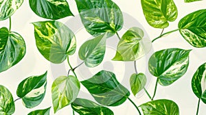 Tropical Green Leaves Pattern on White Background with Lush Foliage of Golden Pothos, Epipremnum Aureum - Tropic Plant Abstract