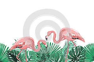 Tropical green leaves pink flamingo footer element