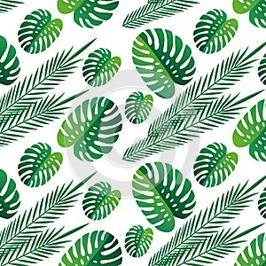 Tropical  green leaves seamless pattern white background. Exotic wallpaper. tropical leaves. nature, background print