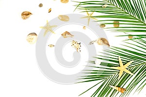 Tropical green palm leaves, branches pattern frame on a white background.