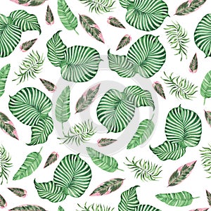 Tropical green and pink abstract palm leaves seamless pattern. Watercolor.