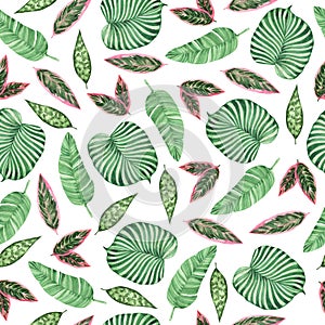 Tropical green and pink decorative palm leaves seamless pattern. Watercolor.