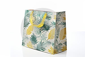 Tropical green and yellow leaf print shopping bag on pure white background with empty space