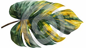 A tropical green yellow monstera leaf drying on white background modern. An isolated tropical jungle palm plant, and an