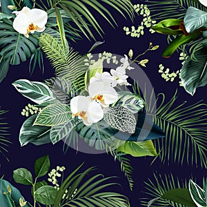 Tropical greenery print with exotic palm leaves, white orchid, monstera. Botanical emerald pattern