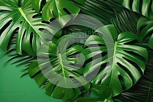 Tropical greenleaves Monstera background flat lay. Generative AI