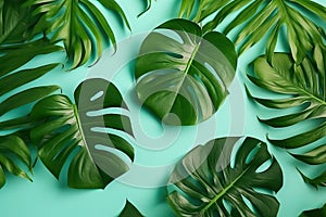 Tropical greenleaves Monstera background flat lay. Generative AI
