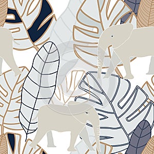 Tropical grey,beige, navy leaves with beige elephant on white ba
