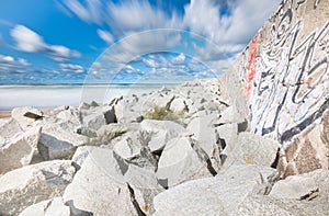 Tropical Gulf Coast ocean beach landscape scene. Beautiful scenic tourist travel destination location. Relaxing Gulf Coast seaside