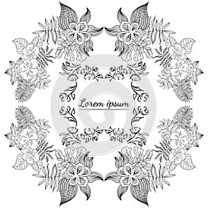 Tropical hand drawn floral frames. Outline set. Jungle foliage illustration. Floral set. Hand drawing. Vector isolated collection