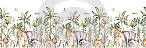 Tropical hand drawn forest seamless border. Watercolor repeating wallpaper design. Palm trees jungle scene. Hand painted