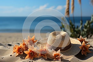 Tropical hat flip flops starfish and starfruit delight, summer season nature image