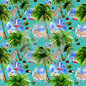 Tropical Hawaii leaves palm tree pattern in a watercolor style.